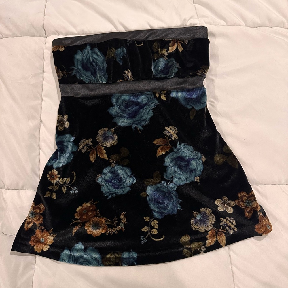 Black strapless velvet top with blue and brown florals